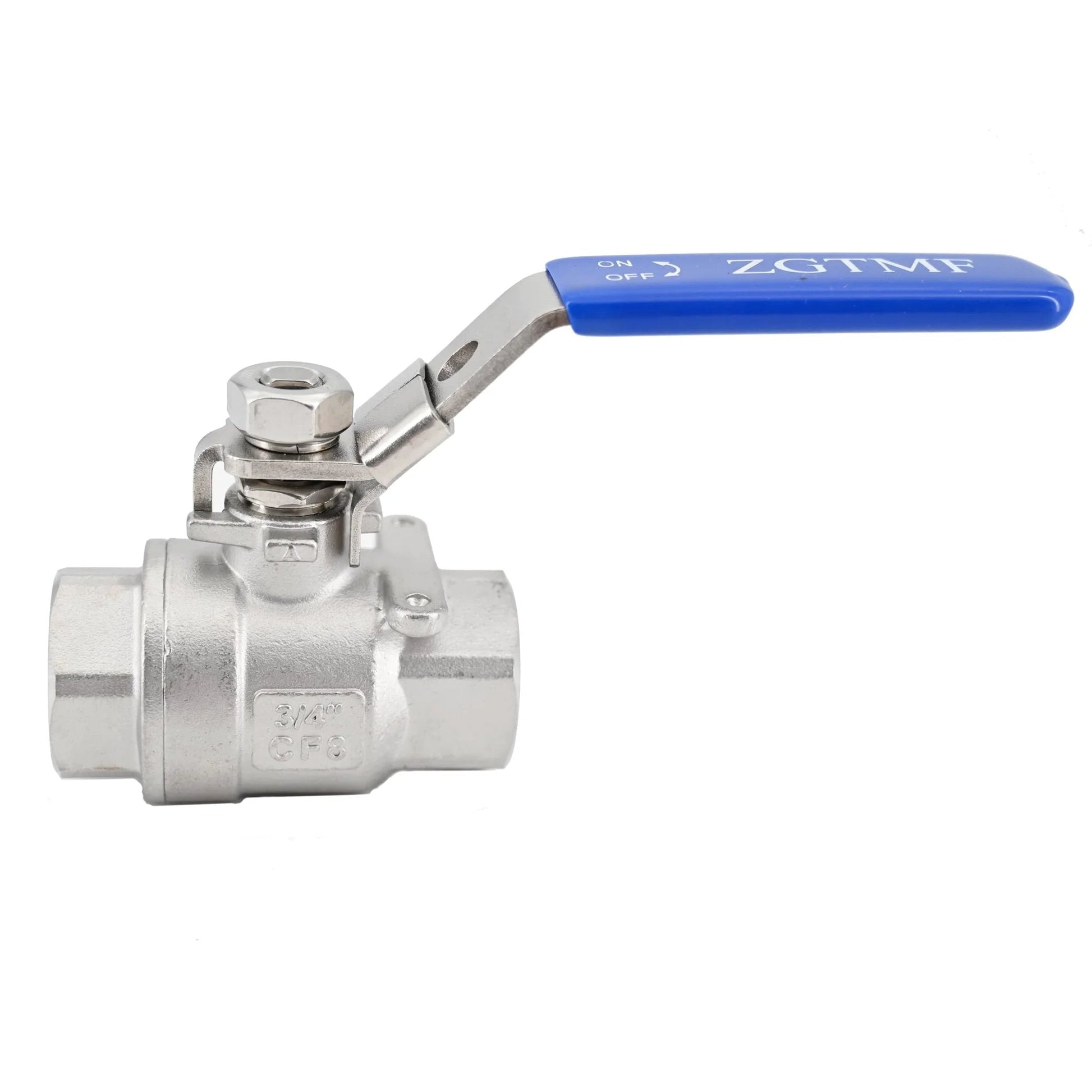 Front view of Workhorse Three Quarter Inch 304 Stainless Steel Full Port Ball Valve NPT Female To Female With Blue Vinyl Handle Locking Device