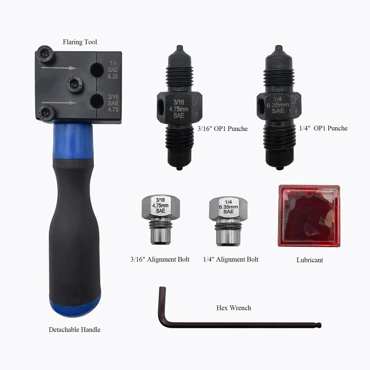 Brake Line Double Flare Tool Kit for 3/16 in and 1/4 in with flaring tool, punches, bolts, lubricant, and hex wrench.