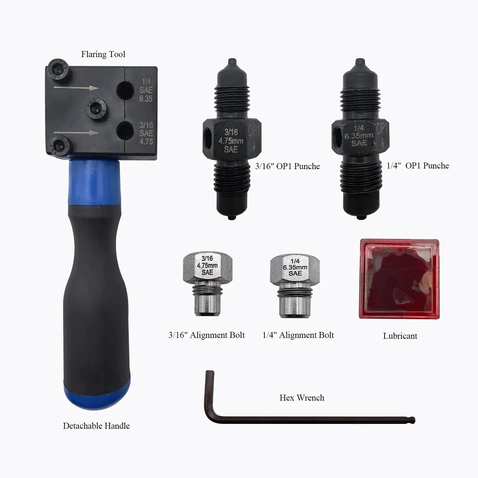Brake Line Double Flare Tool Kit for 3/16 in and 1/4 in with flaring tool, punches, bolts, lubricant, and hex wrench.