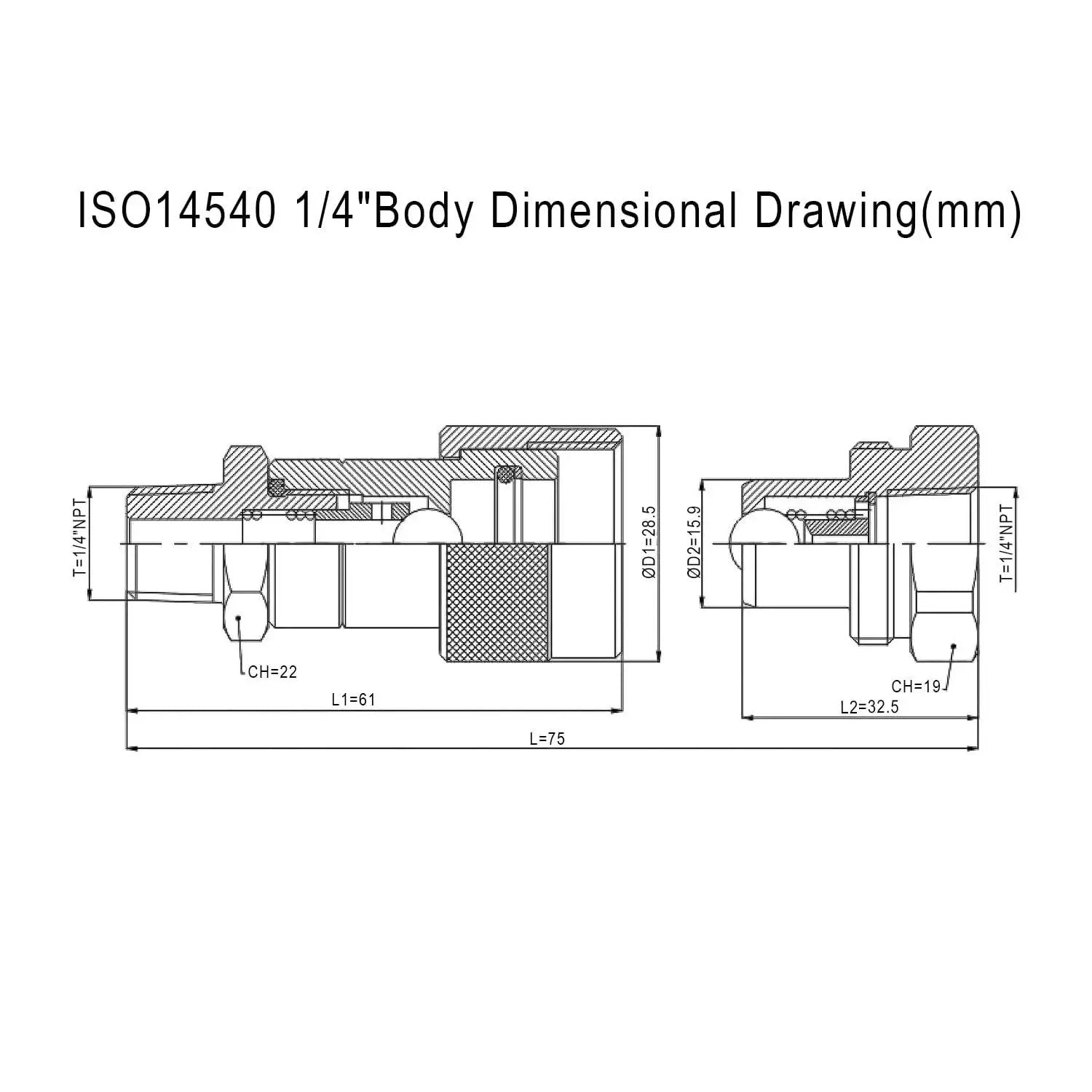 Dimensional drawing of Pro Grade One Quarter Inch NPT High Pressure Hydraulic Quick Coupler Set ISO 14540 Series.