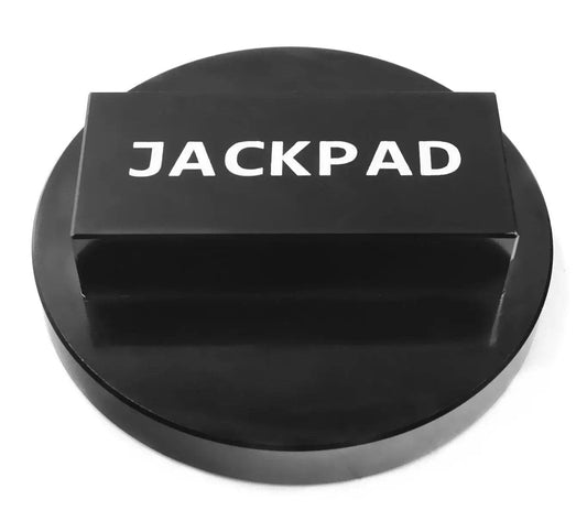 Anodized Black CNC Aluminum Jack Pad Adapter For Safe Vehicle Lifts, top view showing rectangular design with "JACKPAD" text.