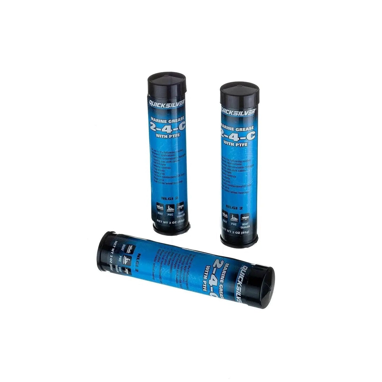Three cartridges of All Purpose Marine Grease With PTFE 2 To 4 C NLGI 2 For Steering Cables Throttle Shift Remote Controls Prop Shaft And Swivel Pins Water Resistant 3 Oz Cartridge By Quicksilver LongLasting Formula For Salt Water Boats And Harsh Marine Environments.