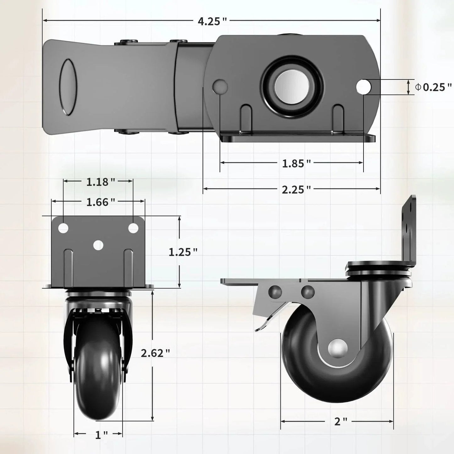 Technical diagram of side mount plate caster wheels set of 4 with brakes, heavy duty 800 lbs capacity, 360 degree swivel, locking wheels.