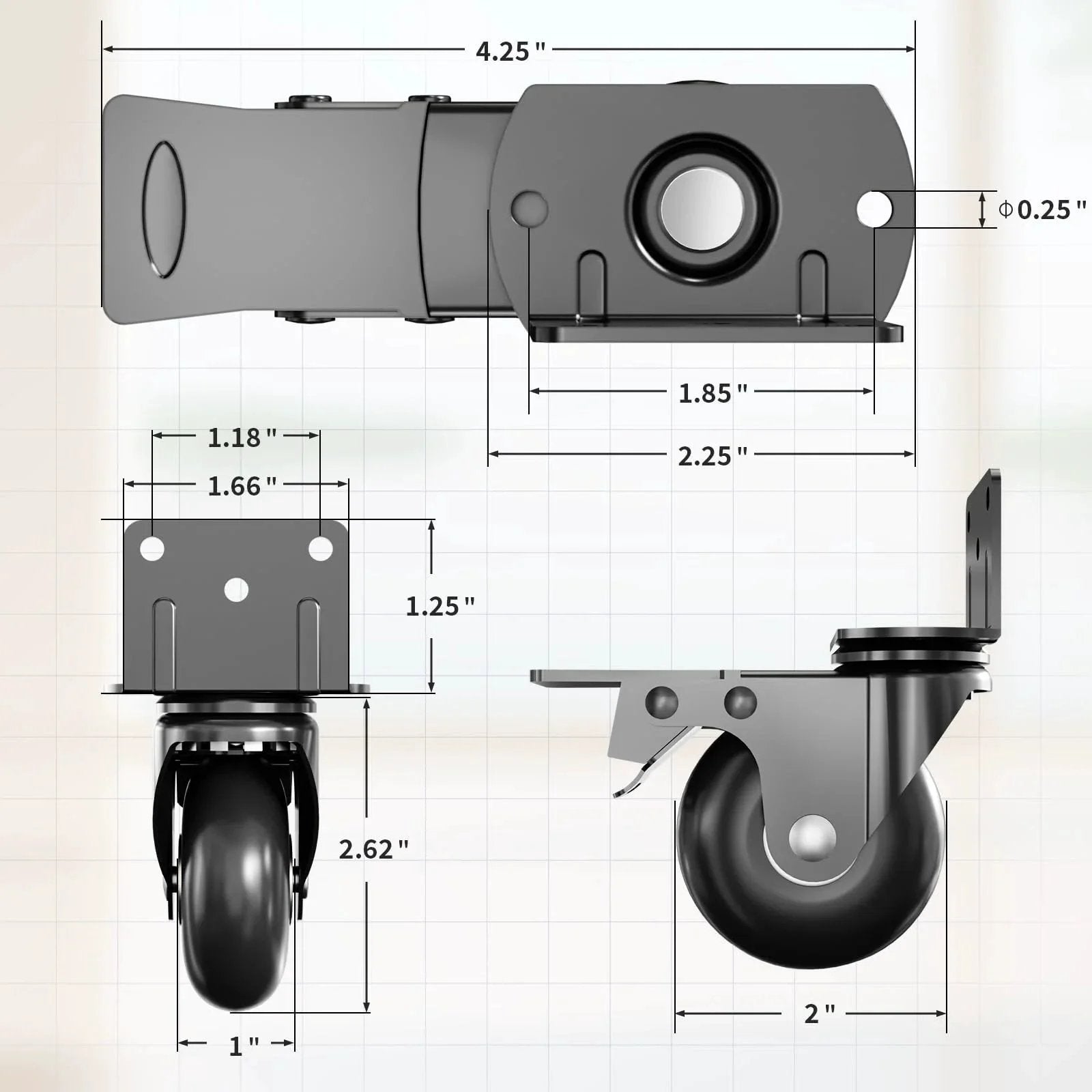 Technical diagram of side mount plate caster wheels set of 4 with brakes, heavy duty 800 lbs capacity, 360 degree swivel, locking wheels.