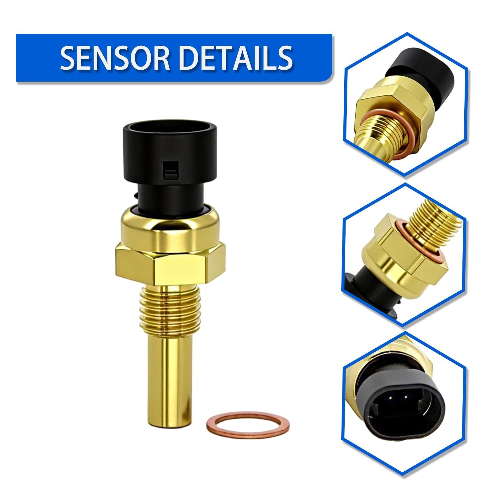 Engine Coolant Temperature Sensor Compatible With Chevy SUVs And Trucks Including Avalanche Impala Trailblazer Suburban 1500 2500 HD Express Silverado GMC Envoy Sierra Yukon Savana Saturn ABIGAIL Quality Replacement Sensor, close-up view with detailed features.