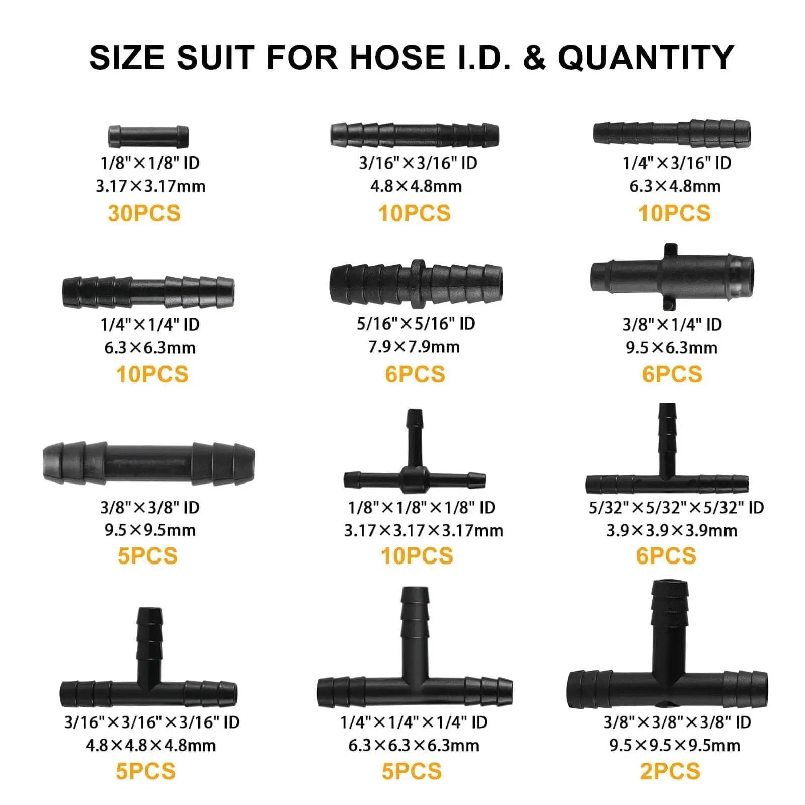 Size chart for 105 Piece Automotive Vacuum Connector Kit With 12 Sizes From 1 8 Inch To 3 8 Inch Nylon Vacuum Tubing Connectors