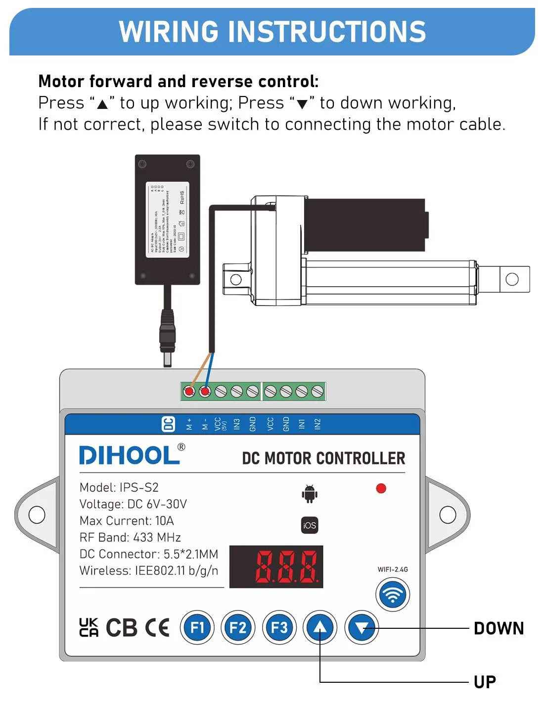 Smart Electric Linear Actuator Controller With WiFi And Timer For 12V And 24V DC Motors wiring instructions display
