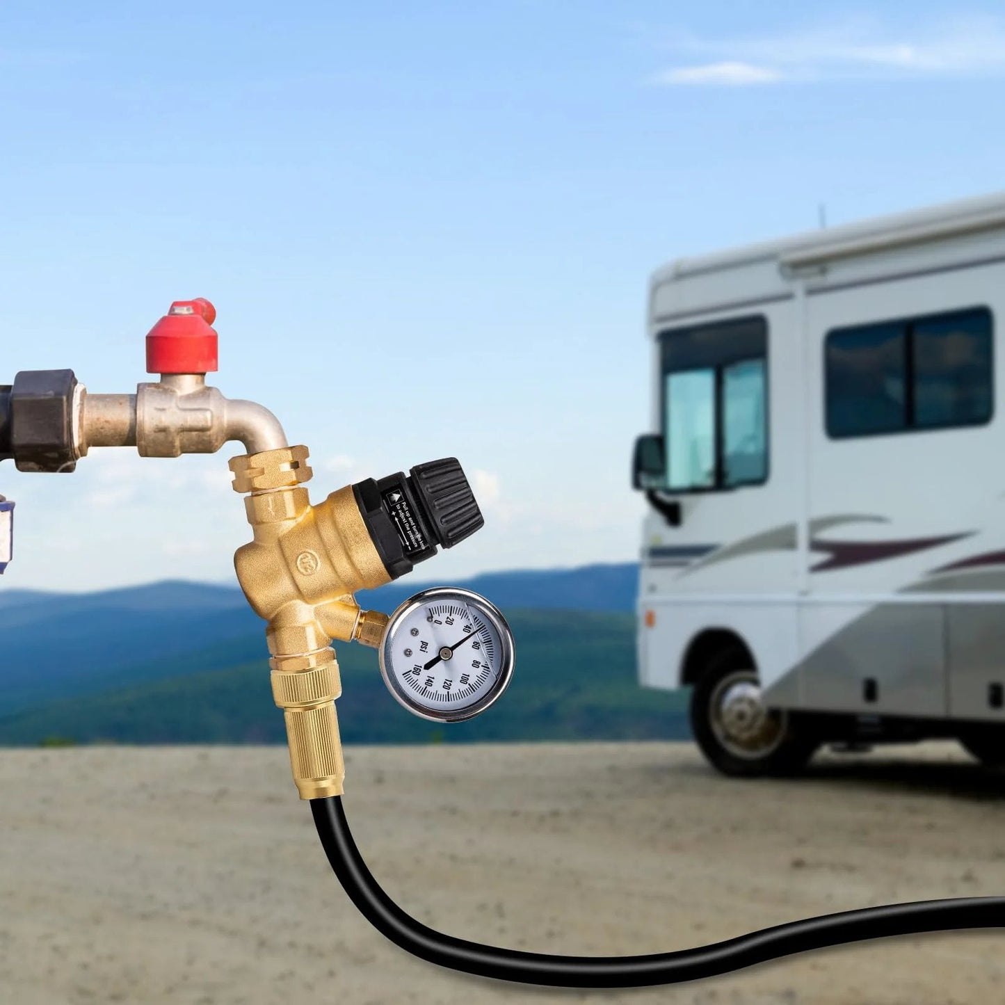 Leadless Brass RV Water Pressure Regulator With Strainer And Pressure Gauge For Camper RV Systems Adjustable Top Handle For Quick Easy Pressure Control No Tools Needed On The Fly By Gickbusus shown attached to hose