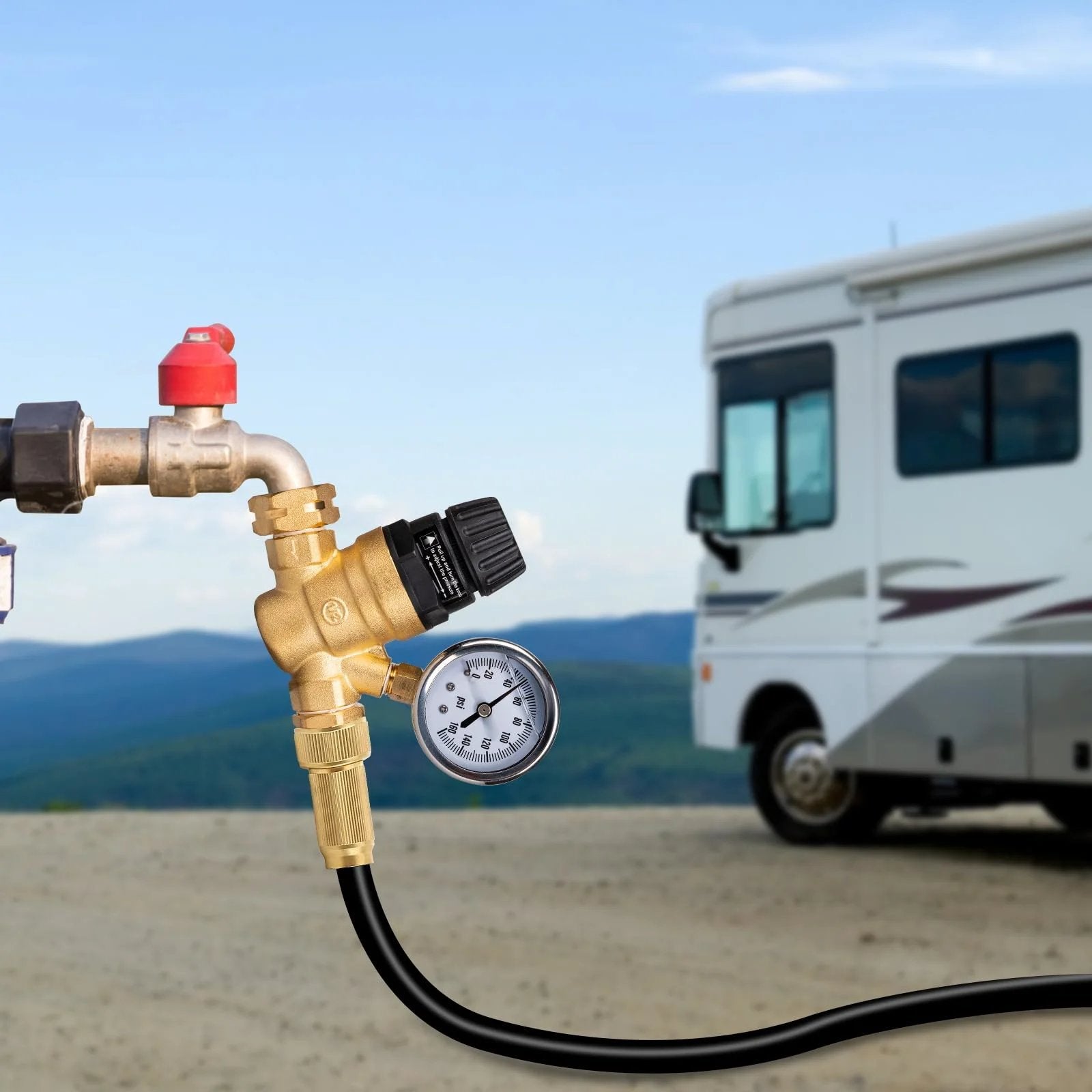Leadless Brass RV Water Pressure Regulator With Strainer And Pressure Gauge For Camper RV Systems Adjustable Top Handle For Quick Easy Pressure Control No Tools Needed On The Fly By Gickbusus shown attached to hose