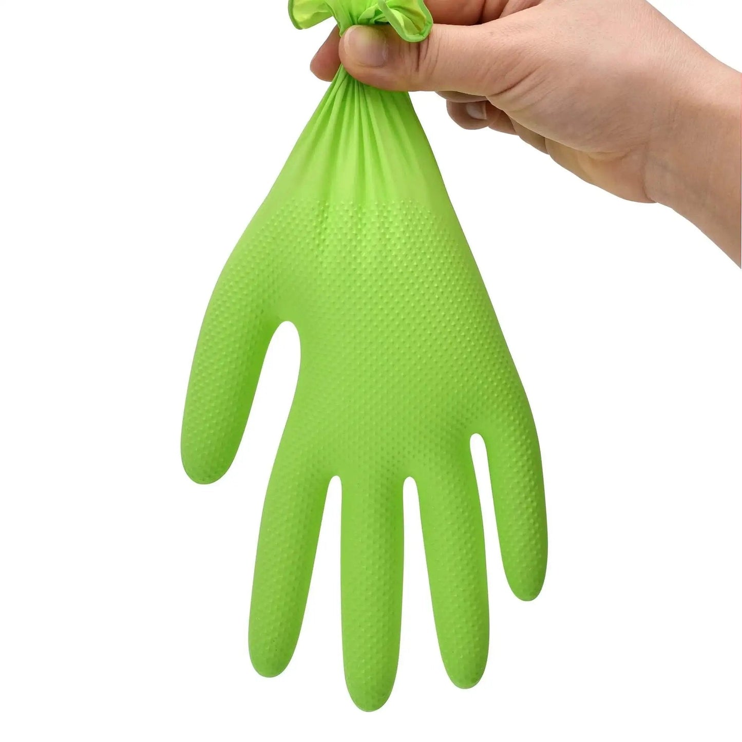 Green Nitrile Gloves 8 Mil Heavy Duty Textured Grip Powder Free Food Safe 100 Ct held in hand