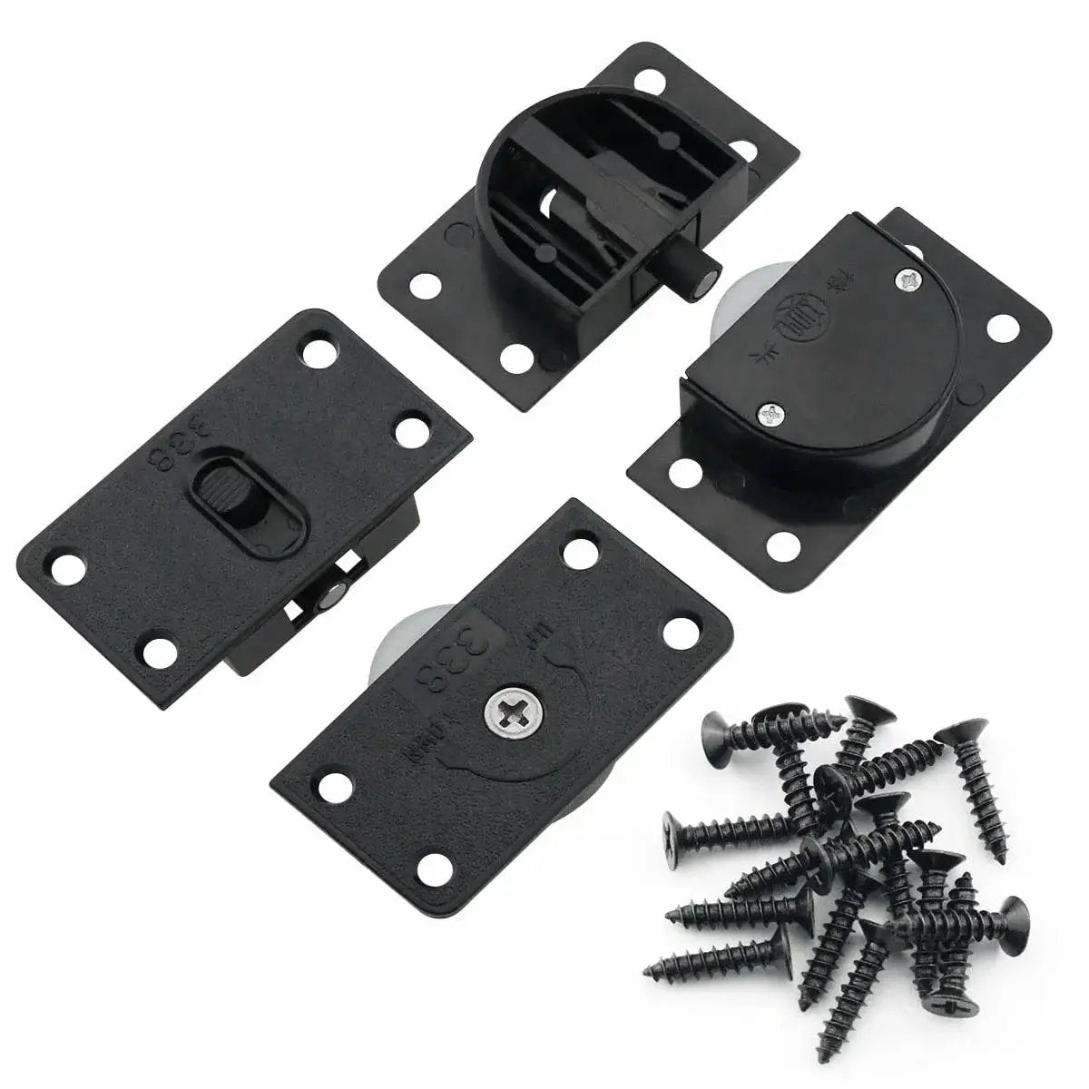 Two Sets Black Sliding Cabinet Hardware Components With Nylon Pulley Wheels For Wardrobe And Closet Sliding Doors Easy Installation With Screws Durable ABS Nylon Construction For Quiet Smooth Operation