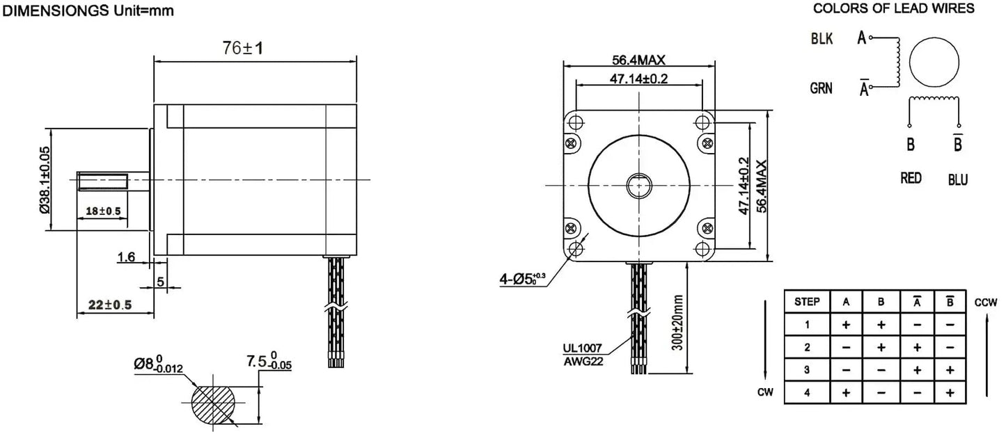 Technical drawing of Nema 23 Stepper Motor 2.8A 1.9Nm 8mm Shaft 76mm Length for CNC Mills and Lathes showing dimensions and wiring