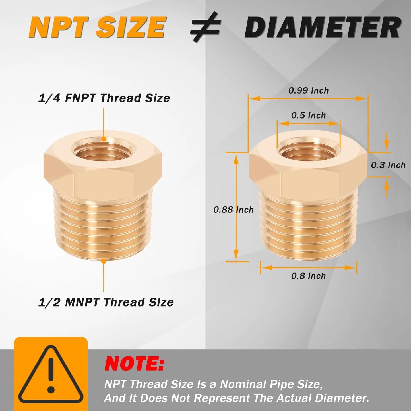 Diagram showing NPT size vs diameter for Heavy Duty Brass DOT Air Brake Fittings Kit, 86 Pieces, showing thread measurements.