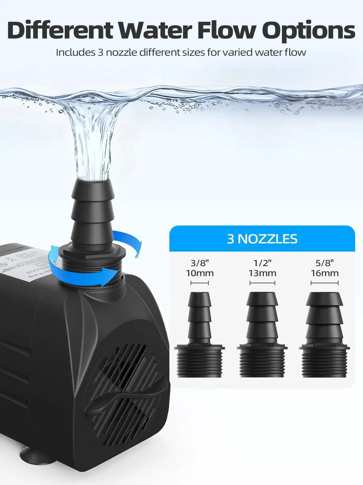 Ultra Quiet 400GPH Submersible Water Pump For Pond, Fountain, Aquarium, And Hydroponics With 6.56 Ft Lift and 3 Nozzles