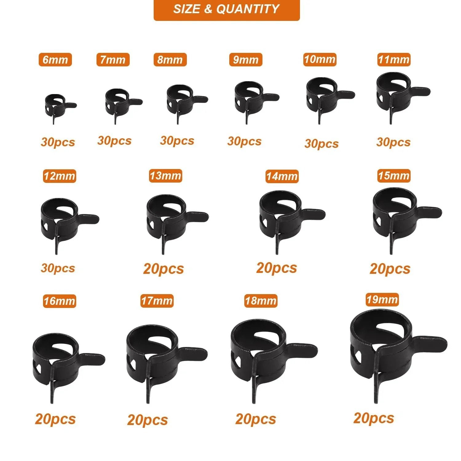 350 Piece Spring Hose Clamp Set 6 To 19 Mm Range 65Mn Spring Steel Dacromet Coated Fuel Line Clamps 14 Sizes