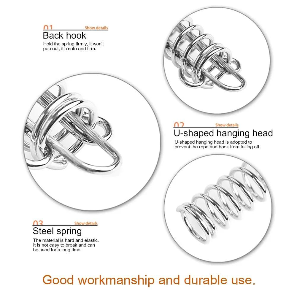 Detailed view of Heavy Duty 10 Pack 304 Stainless Steel Tent Springs For Windproof Tarp Awning Sun Shade Rope Tension Dog Chain Porch Swing And Outdoor Shelter Stabilization, showing hooks and coils.