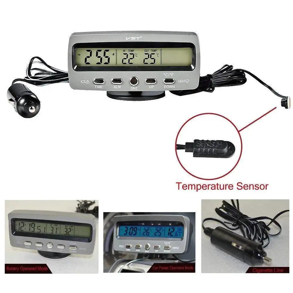 4 In 1 Car LED Clock Thermometer Voltmeter With Time Temperature 12V showing time, temperature, and voltage meters