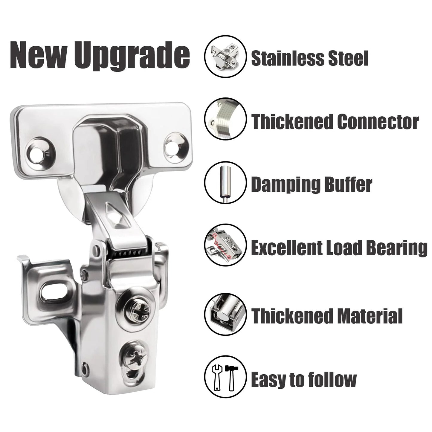 24 Pack Half Inch Overlay Soft Close Cabinet Hinges For Kitchen Cabinets With 100 Degree Opening Angle In Stainless Steel Concealed Self Closing Design Includes Drilling Tool And Manual For Easy No Fuss Install close-up view of upgraded stainless steel cabinet hinge with features highlighted
