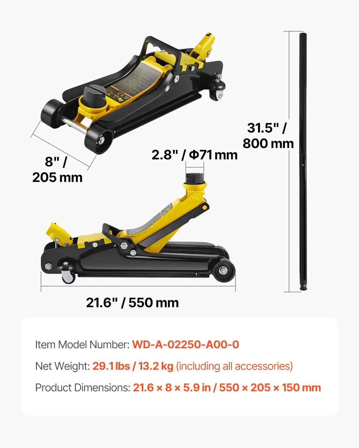 Heavy Duty Floor Jack 2.5 Ton Low Profile With Single Piston Lift Pump For Cars, dimensions and weight details shown