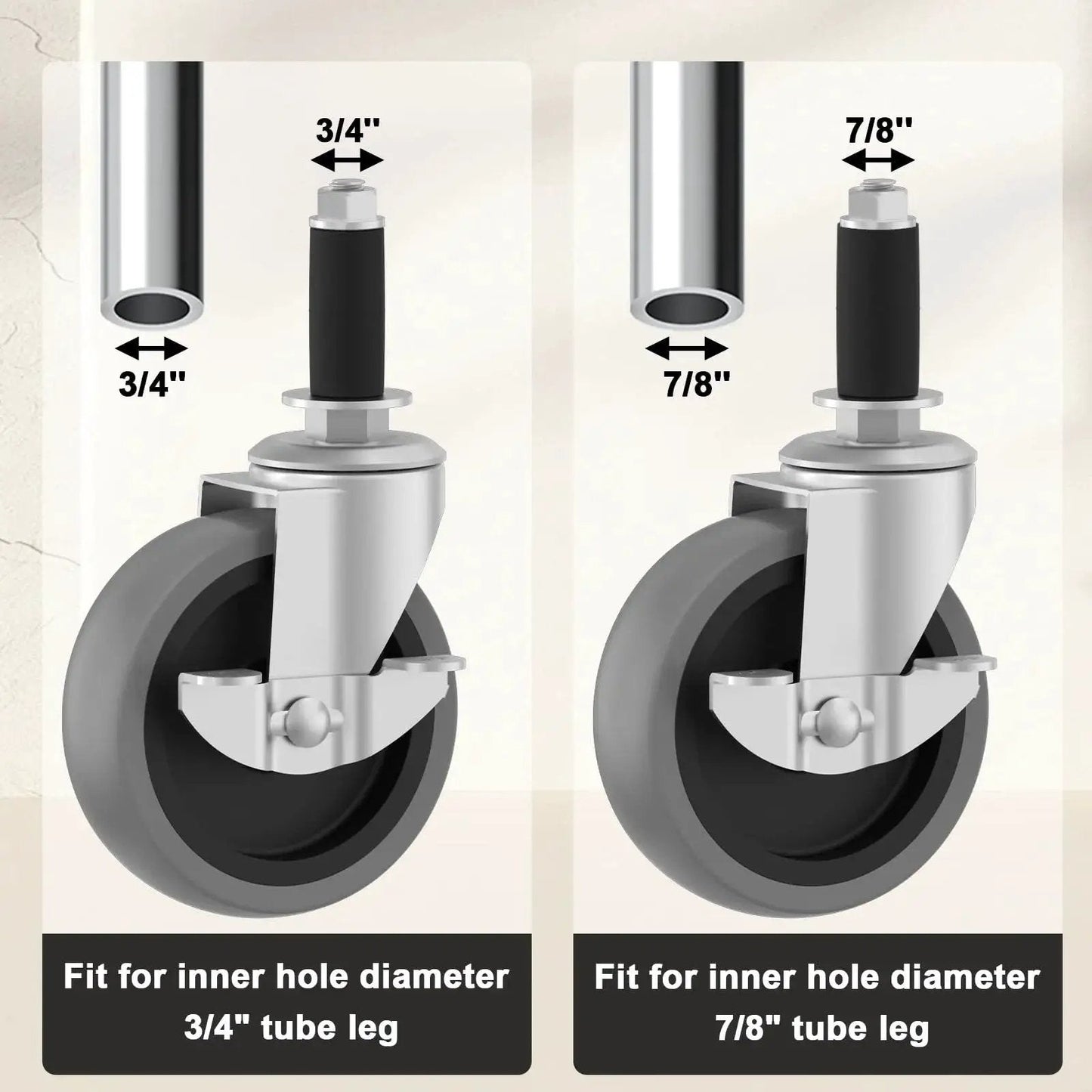 Four Inch Caster Wheels With Locking Brakes Expanding Stem Casters fit 3/4 and 7/8 inch ID tube legs for furniture and carts
