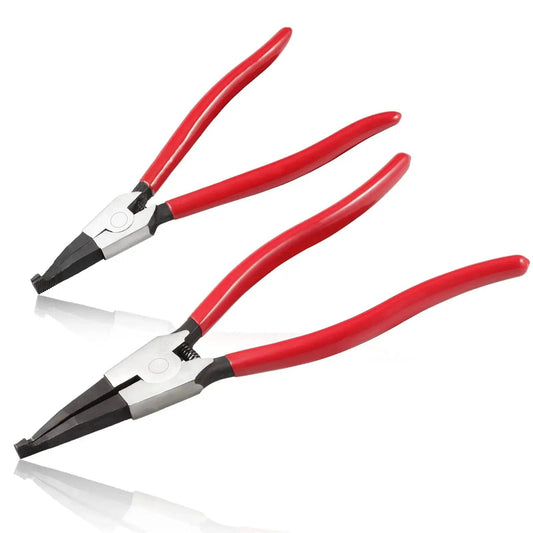 Heavy Duty Lock Ring Pliers Set 2 Piece Flat Snap Ring Pliers For Circlip Rings Reverse Retaining Ring Pliers visible with red handles