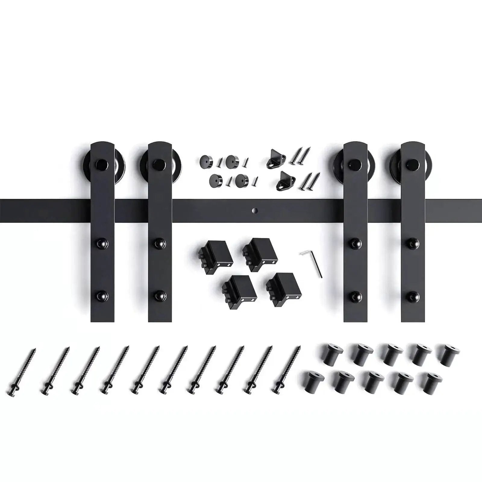 16 Ft Double Sliding Barn Door Hardware Track Kit With Straight Pulleys Heavy Duty Steel Black Powder Coated Finish components
