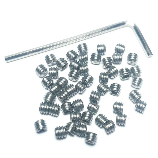 304 Stainless Steel Hex Socket Set Screws 8-32 X 1/8 Inch, 50-Piece Set With 5/64 Inch Allen Wrench displayed on a surface