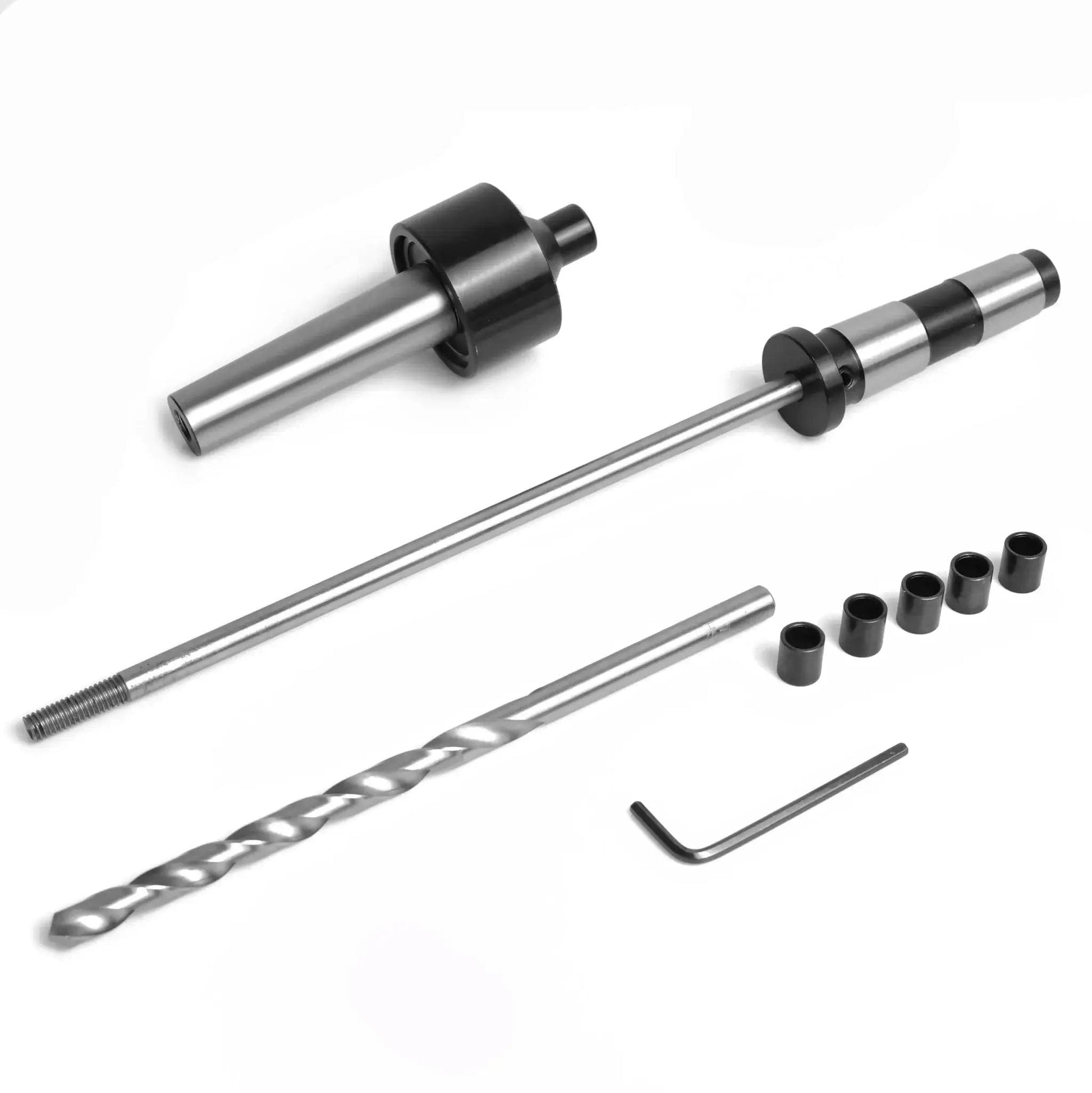 Complete Pen Mandrel Kit MT2 For Woodturning With 5 Bushings And 7mm Drill Bit Live Mandrel Saver displayed on a white background