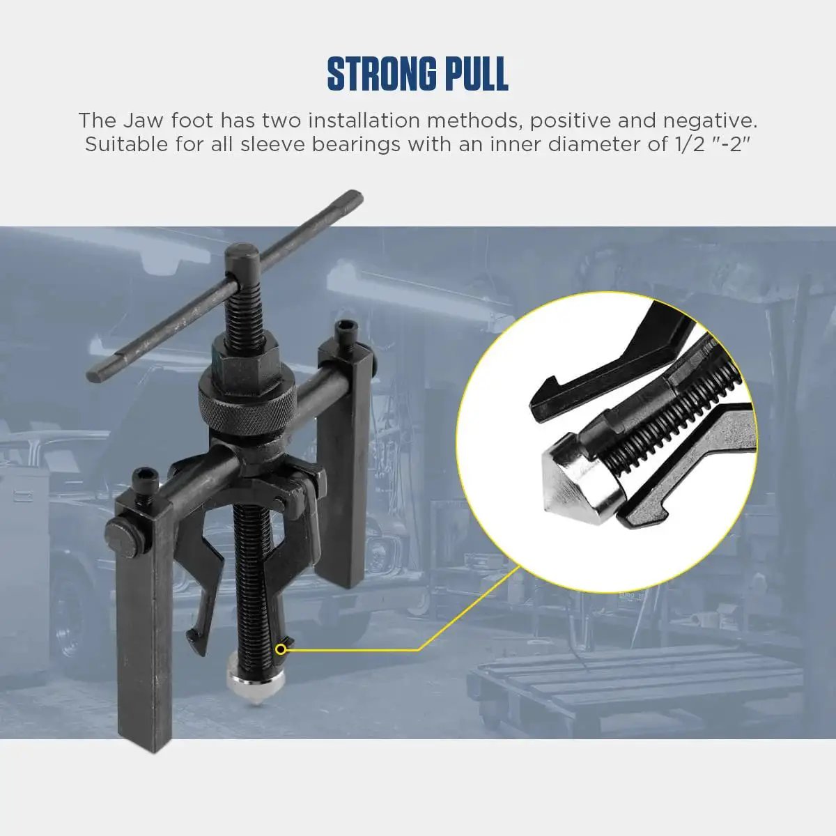 Three Jaw Bearing Puller Tool Kit For Pilot And Blind Bearings with close-up on steel jaw mechanism in CR-V steel