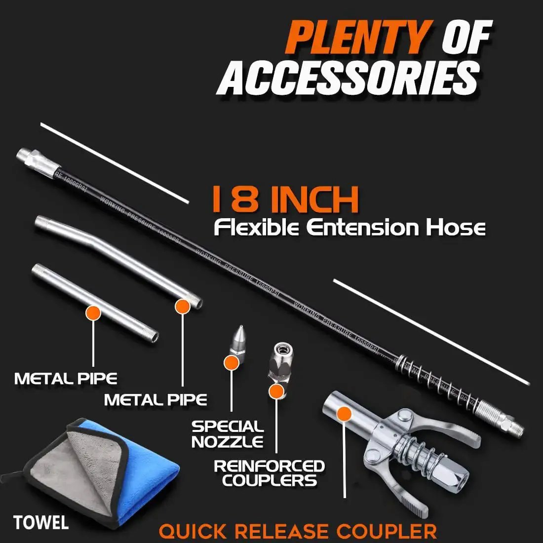 Heavy Duty 9000 PSI Grease Gun With Quick Release Coupler And 18 Inch Spring Flex Hose 14 Oz Capacity includes reinforced coupler