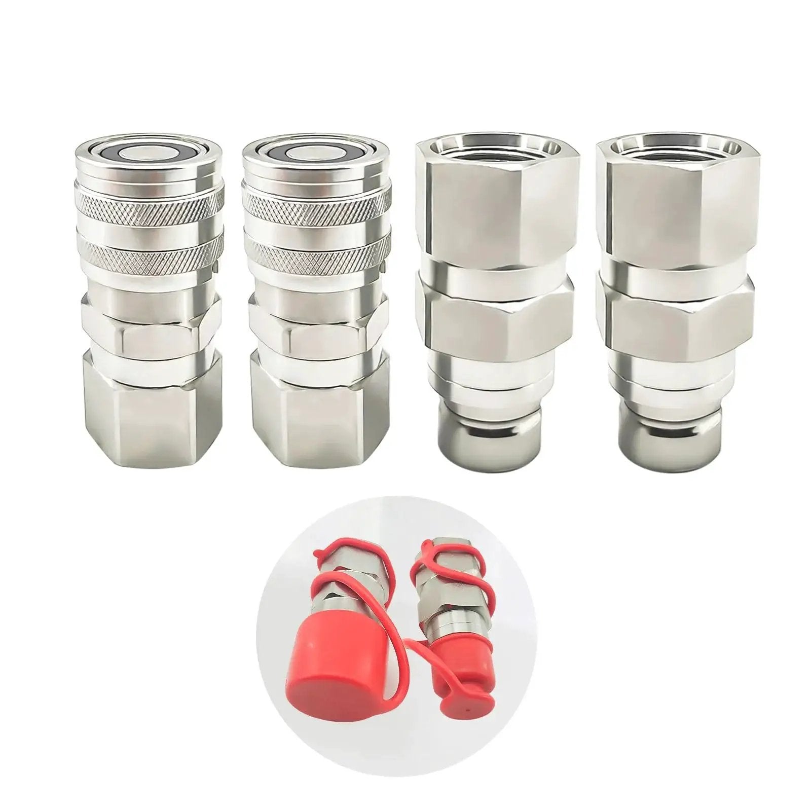 Flat Face Hydraulic Quick Connect Coupler Set With SAE Thread For Skid Steer Loaders, heavy-duty carbon steel, dust cap, 4pc