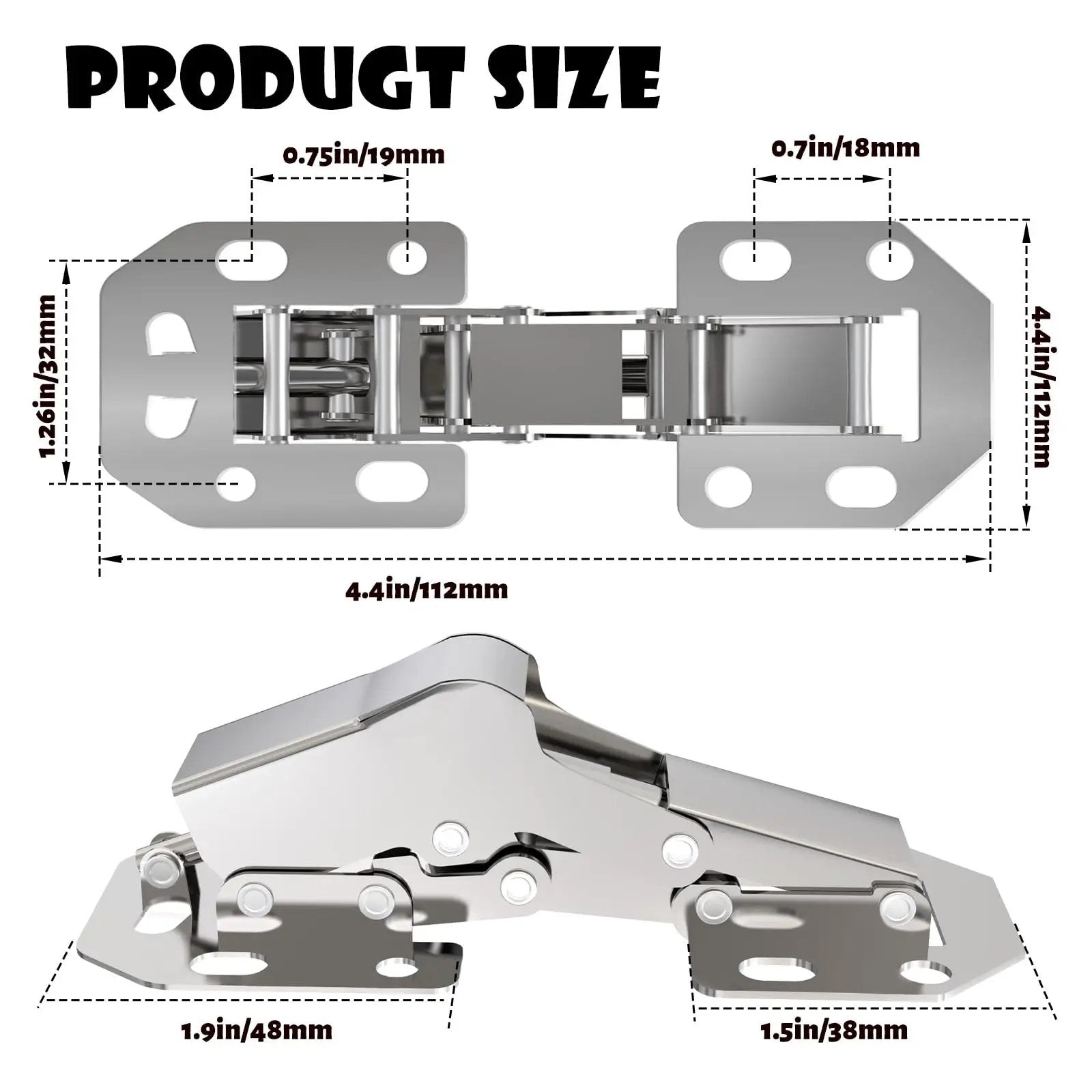 24 Pack Hidden Hinges Soft Close Surface Mount Concealed Cabinet Hinges For Frameless Kitchen Cabinets No Pre Drill Holes Easy Install For Cabinet Doors Durable Steel Construction Great For Modern Cupboards, showing detailed size illustration.