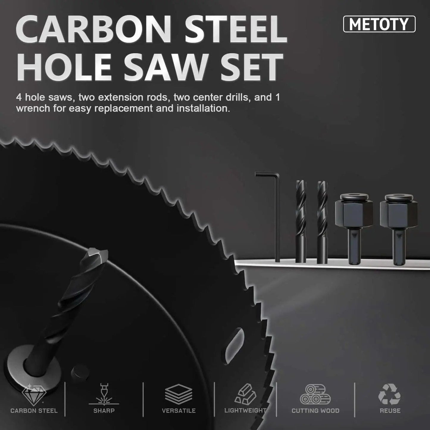 9 Piece Hole Saw Kit With Mandrel And Accessories For Soft Wood PVC Board And Home Projects Includes One And One Quarter Inch One And A Half Inch Two Inch And Two And One Eighth Inch Sizes Plus Hex Key Pilot Drills And Arbors For Precise DIY Drilling, showcasing hole saws and drills.