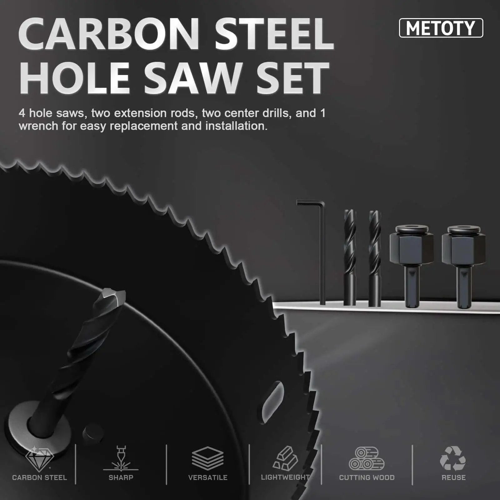 9 Piece Hole Saw Kit With Mandrel And Accessories For Soft Wood PVC Board And Home Projects Includes One And One Quarter Inch One And A Half Inch Two Inch And Two And One Eighth Inch Sizes Plus Hex Key Pilot Drills And Arbors For Precise DIY Drilling, showcasing hole saws and drills.