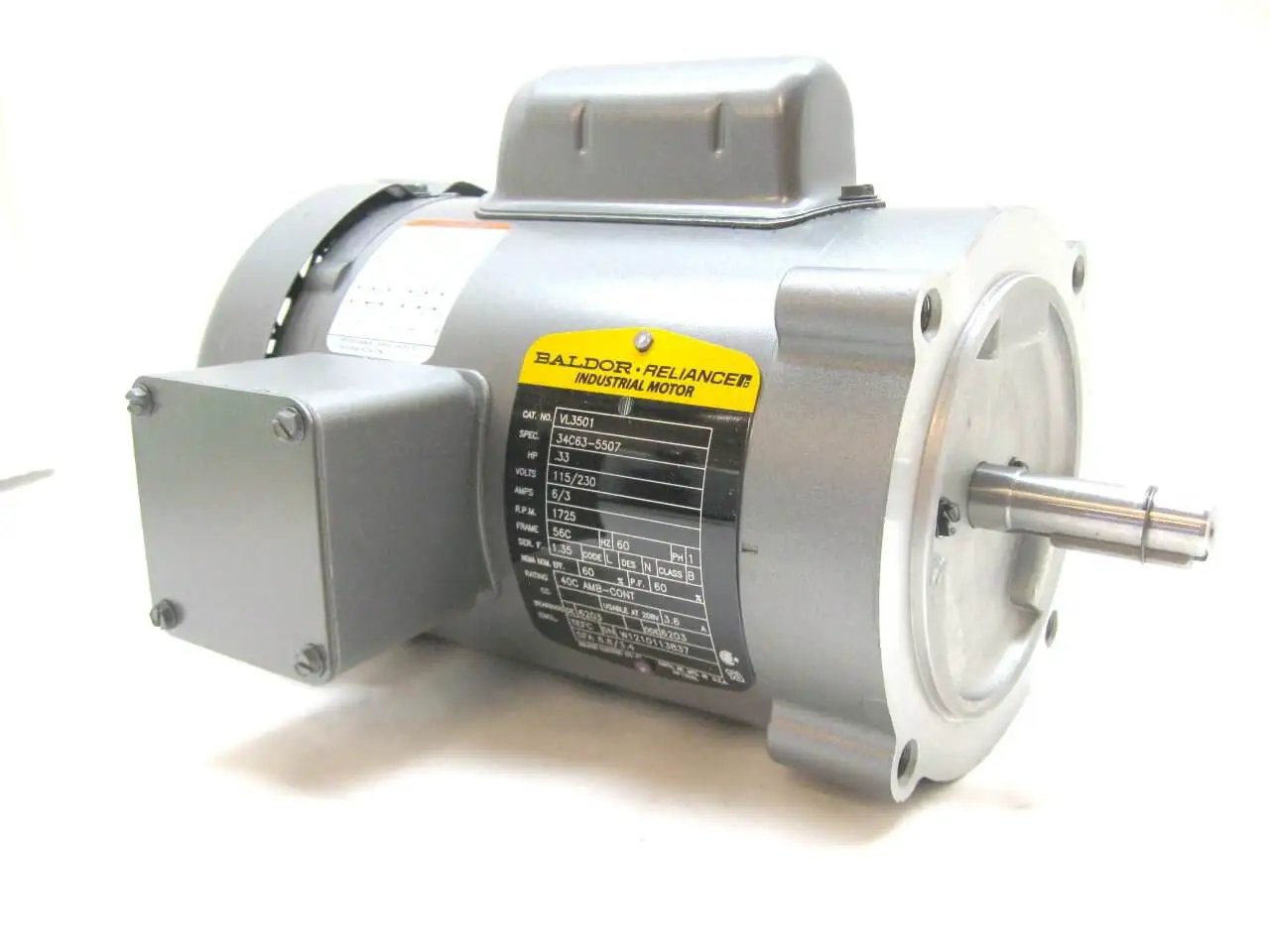 Side view of Single Unit General Purpose Single-Phase 1/3 HP AC Motor, 56C Frame TEFC Enclosure, 1,725 RPM, showing keyed shaft
