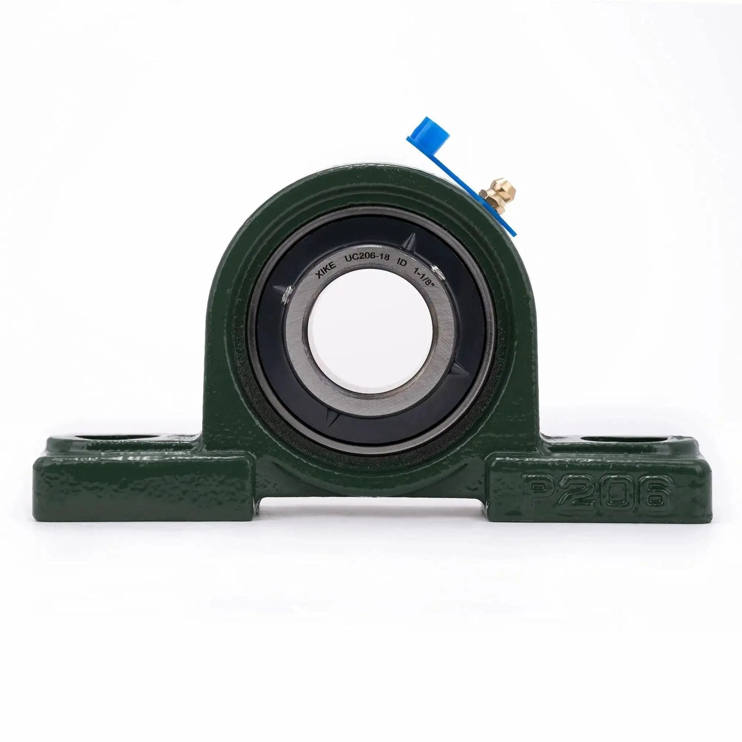 Front view of Two Pack Pillow Block Bearing Set UCP206-18 Bore 1 1/8 Inch Self Aligning Chrome Sealed Bearings with solid cast iron base