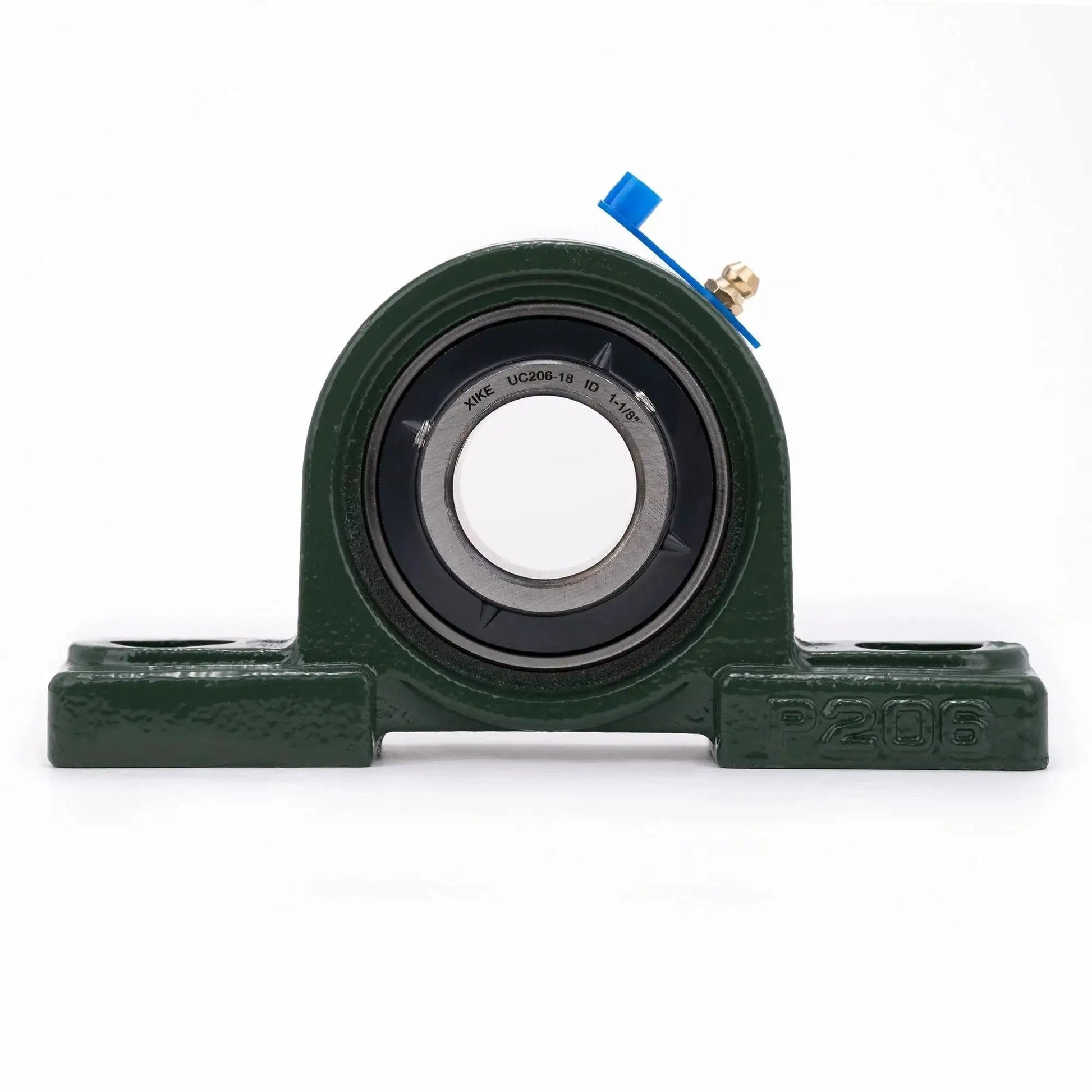 Front view of Two Pack Pillow Block Bearing Set UCP206-18 Bore 1 1/8 Inch Self Aligning Chrome Sealed Bearings with solid cast iron base