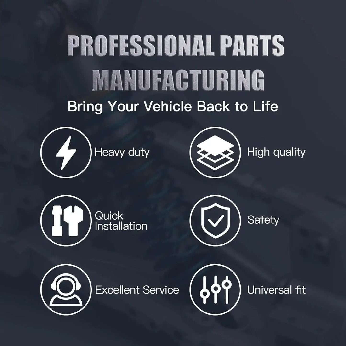 Professional parts manufacturing infographic with icons: heavy duty, high quality, quick installation, safety, service, fit.
