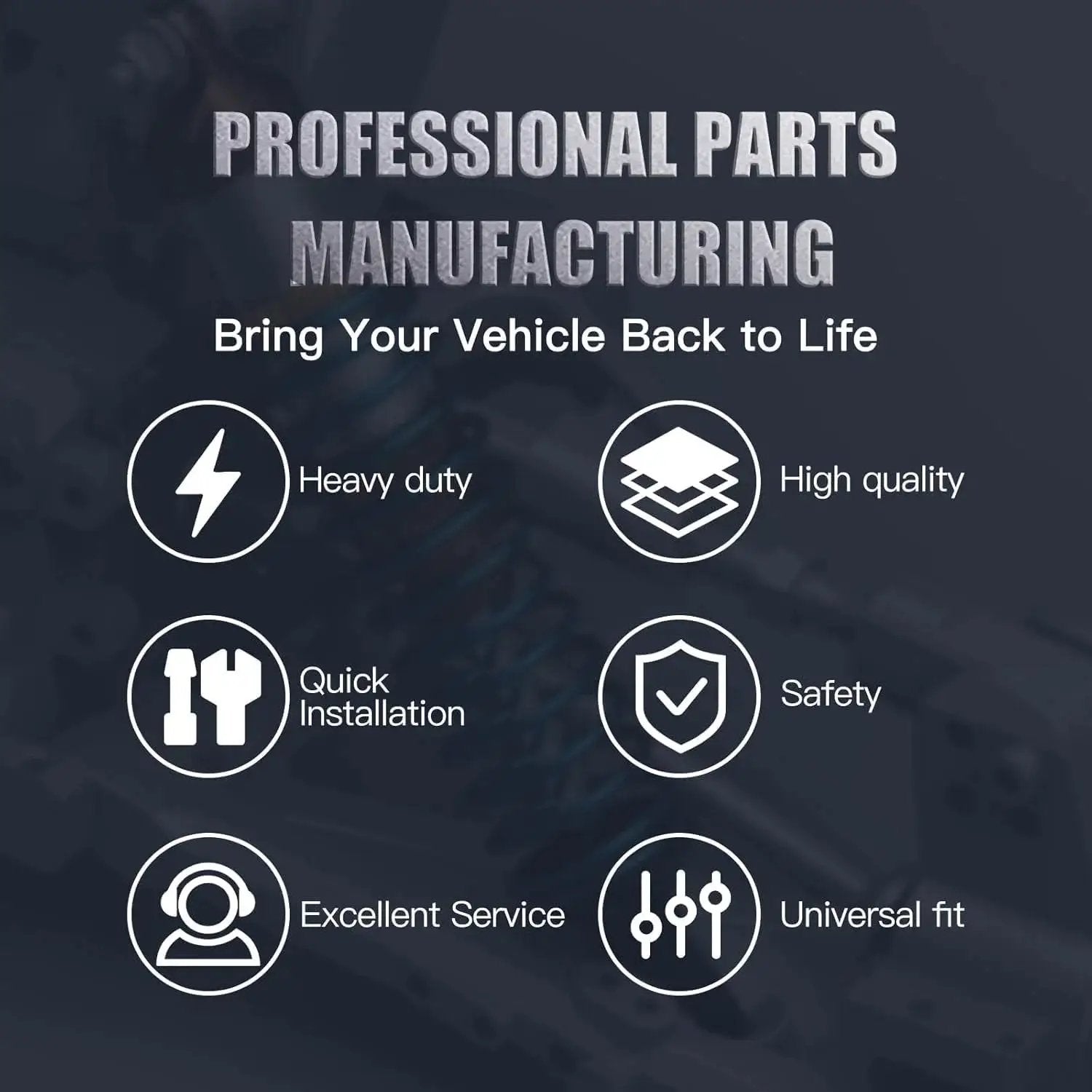 Professional parts manufacturing infographic with icons: heavy duty, high quality, quick installation, safety, service, fit.