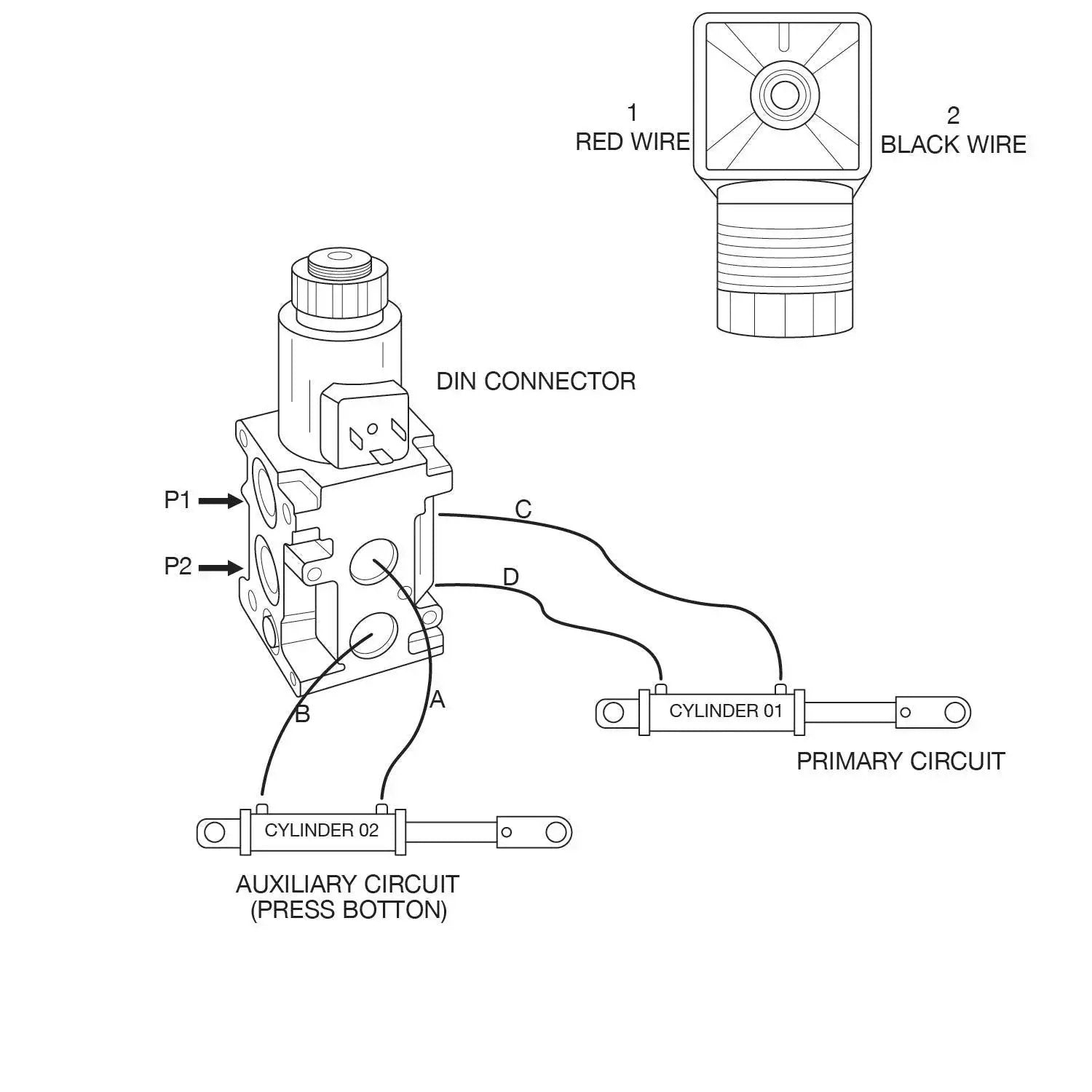 Diagram of Hydraulic Multiplier Diverter Valve With Switch For Easy Added Circuit Control, showing wiring and cylinder connections.