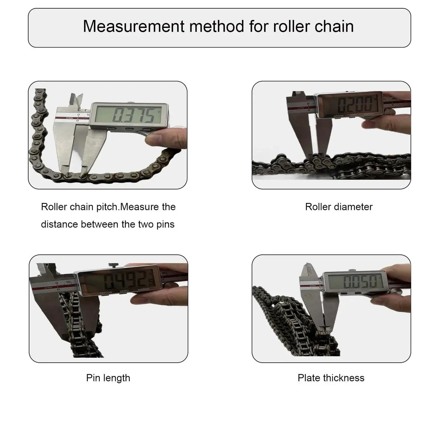Measurement methods for roller chain pitch, diameter, pin length, and plate thickness using calipers.