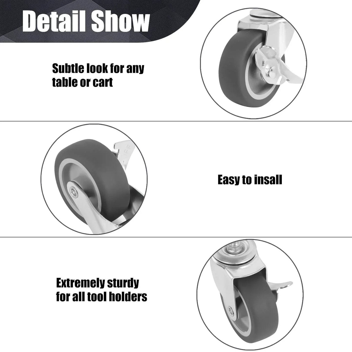 Heavy Duty 3 Inch Stem Casters Set Of 4 With Brakes, detailed view of swivel wheels for workbenches and trollies, showing rubber construction