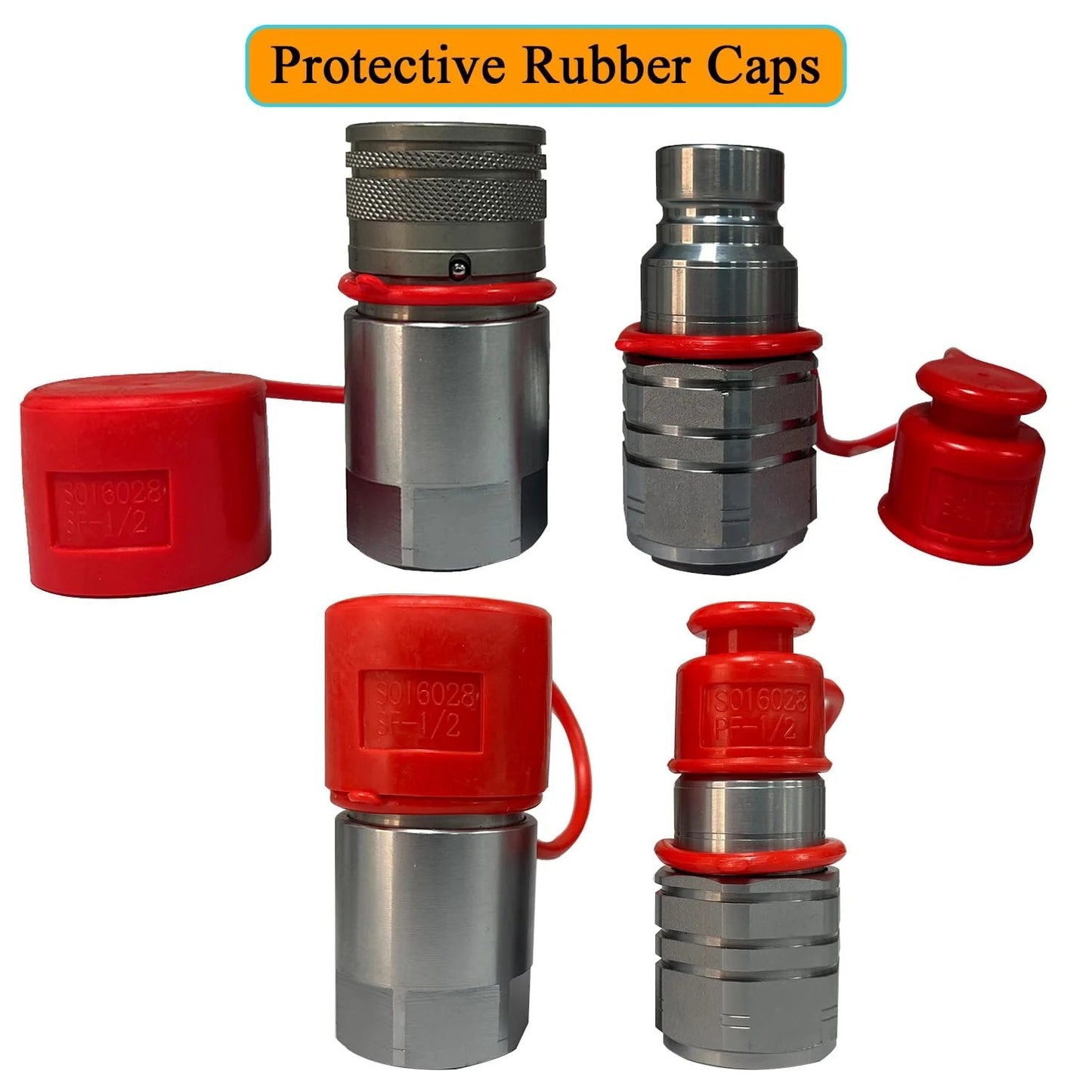 Heavy Duty Three Quarters Inch NPT Hydraulic Quick Connect Coupler Flat Face Fitting for Bobcat Skid Steer and John Deere ISO 16028 Compatible shown with protective rubber caps