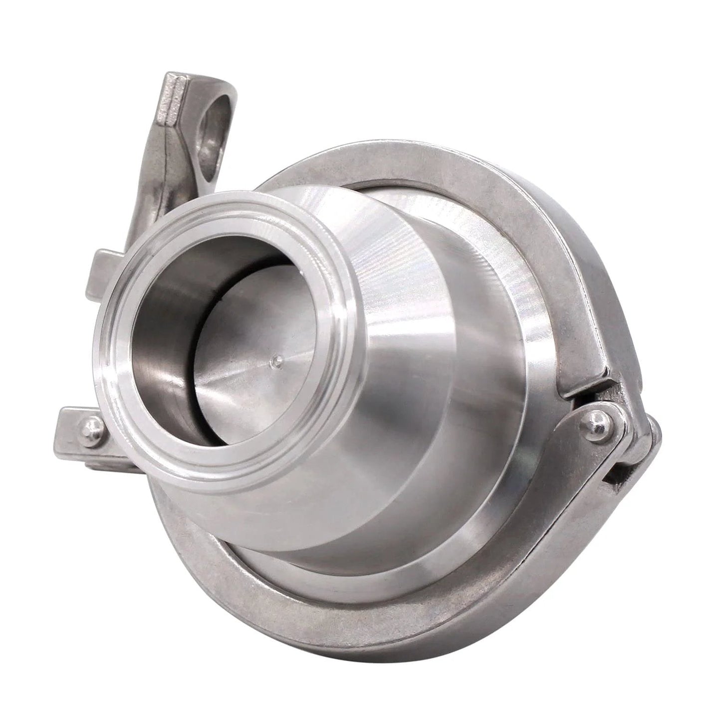 Front view of 1.5 Inch Tri Clamp Sanitary Check Valve One Way Flow Stainless Steel 304 With FKM Gasket, 130 C Max Temp, 145 PSI, Adjustable Spring