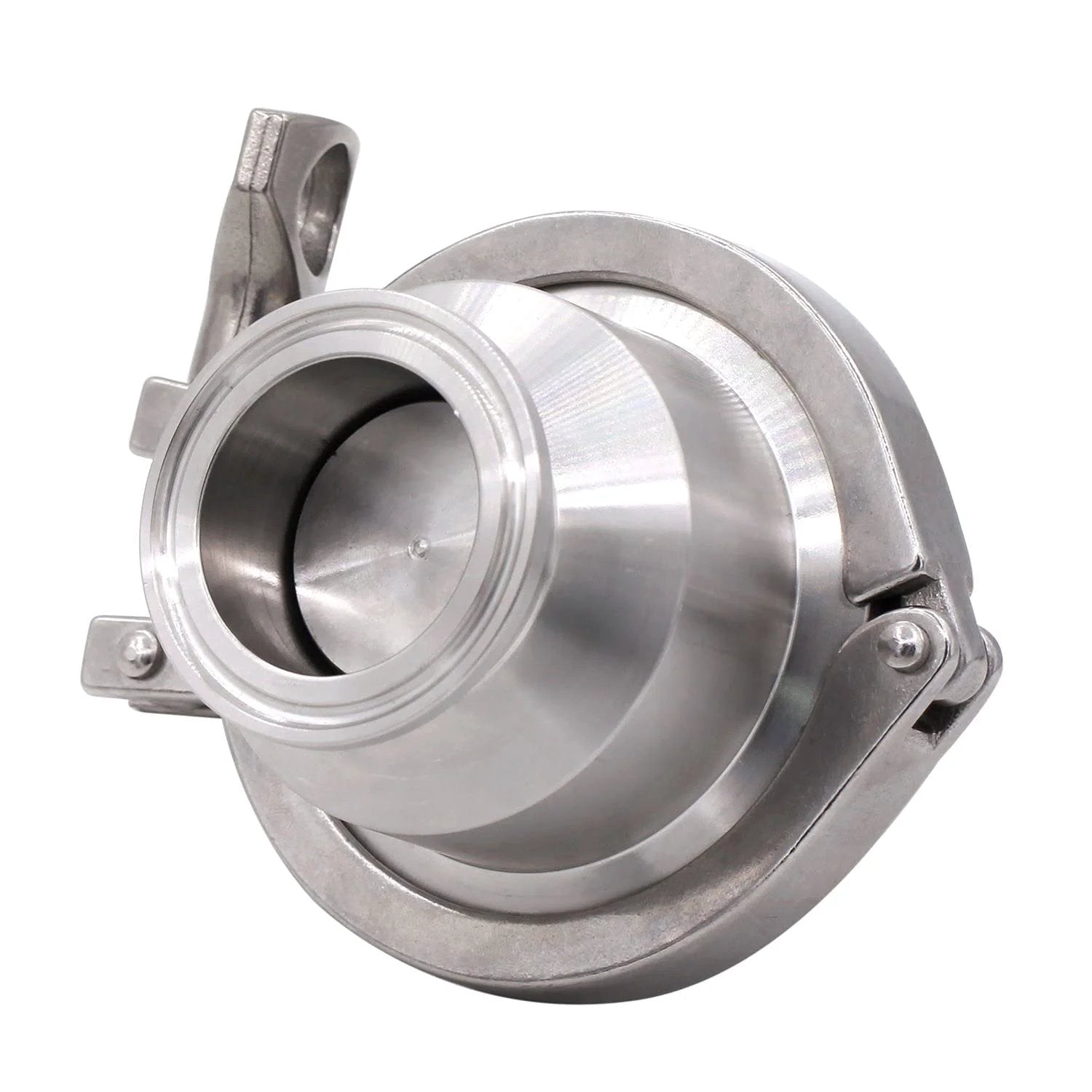 Front view of 1.5 Inch Tri Clamp Sanitary Check Valve One Way Flow Stainless Steel 304 With FKM Gasket, 130 C Max Temp, 145 PSI, Adjustable Spring