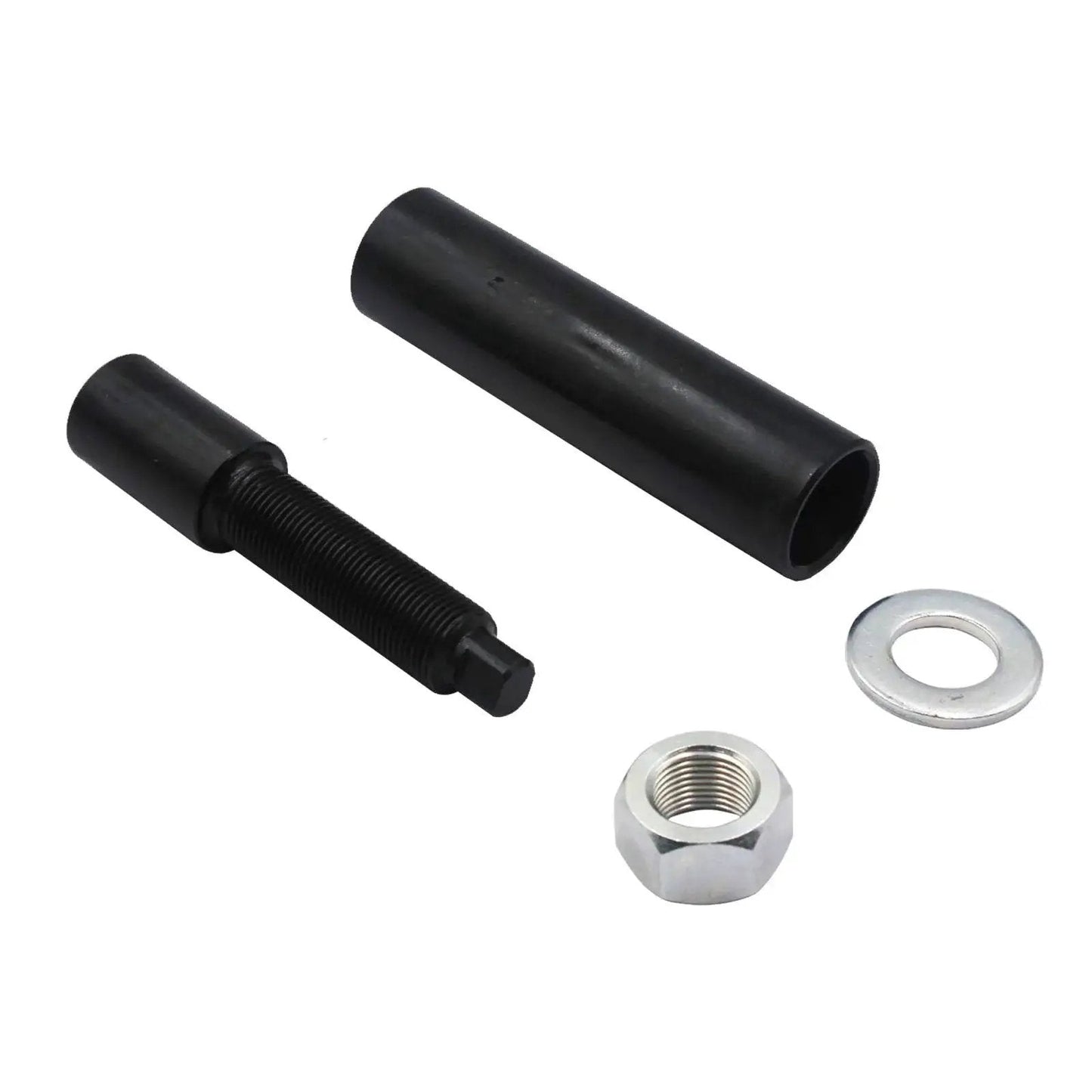 Big Twin Transmission Mainshaft Inner Bearing Race Tool Set For 1984 To Present Five And Six Speed Big Twins Puller And Installer Replaces OEM 34902 84 Black Oxide Finish For Corrosion Resistance shown in black components including puller, installer, washer, and nut.