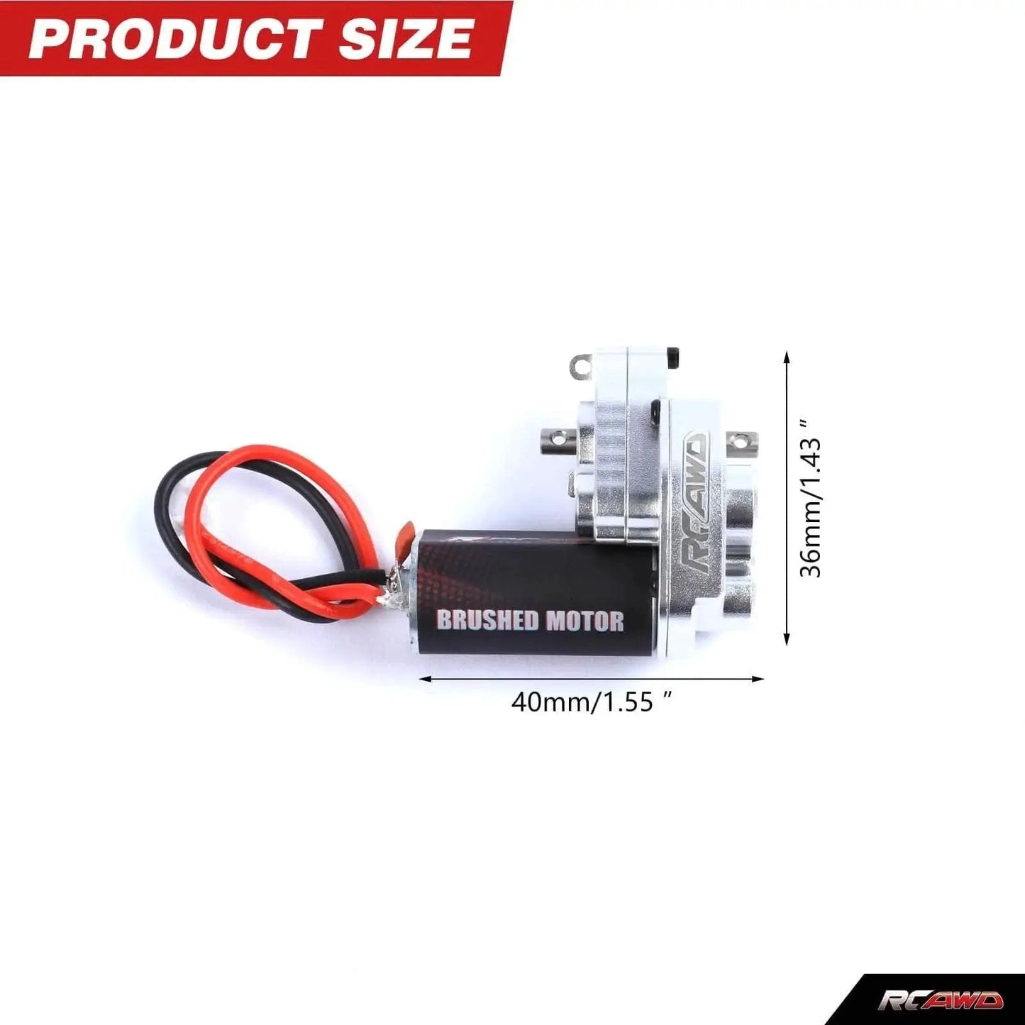 Upgraded 55T Carbon Brush 050 Motor with aluminum gear case, side view showing dimensions for Axial SCX24 Wrangler upgrade parts RCAWD