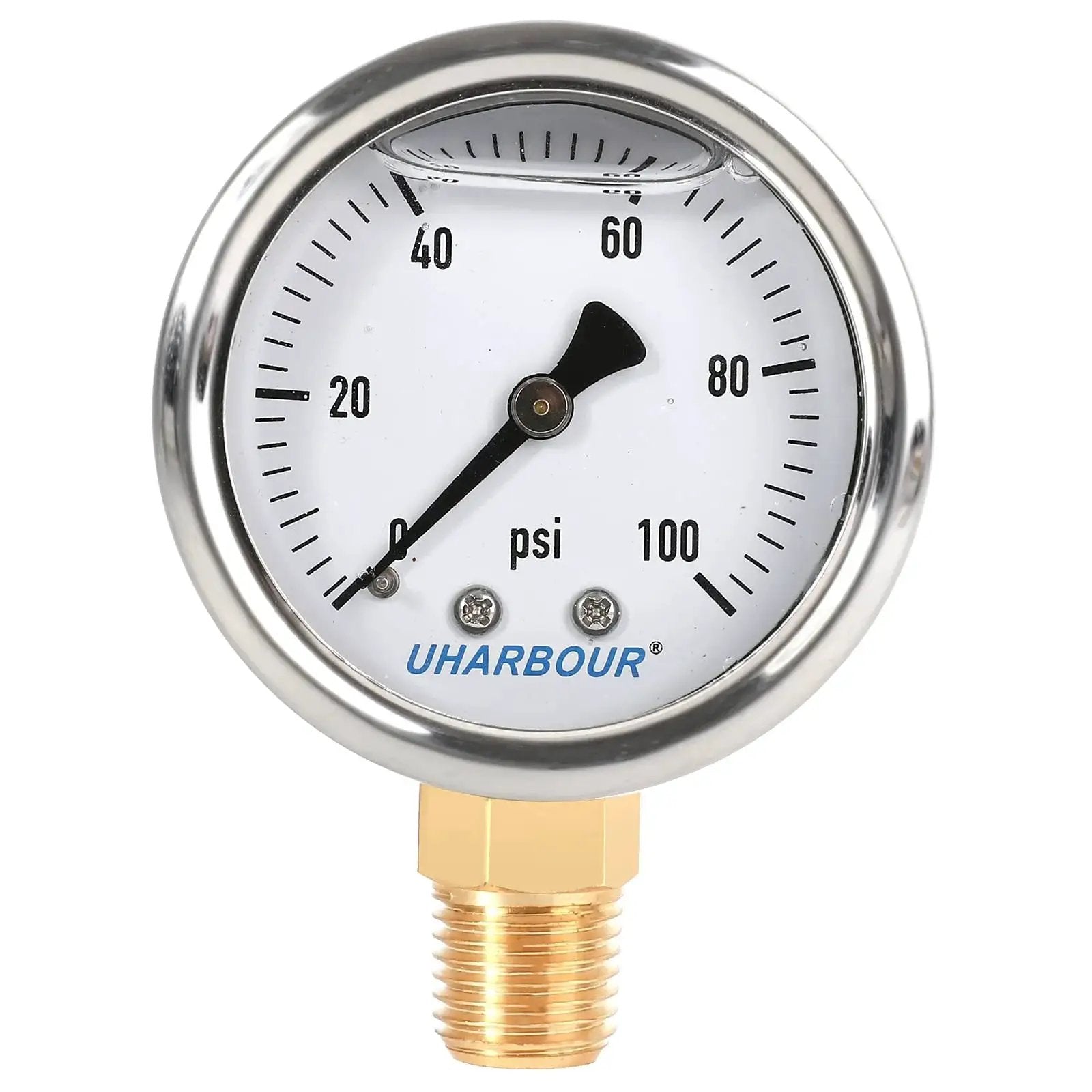 Liquid Filled Fuel Pressure Gauge With 2 Inch Dial And 304 Stainless Steel Case 0 to 100 Psi Range 2 Percent Accuracy Quarter Inch NPT