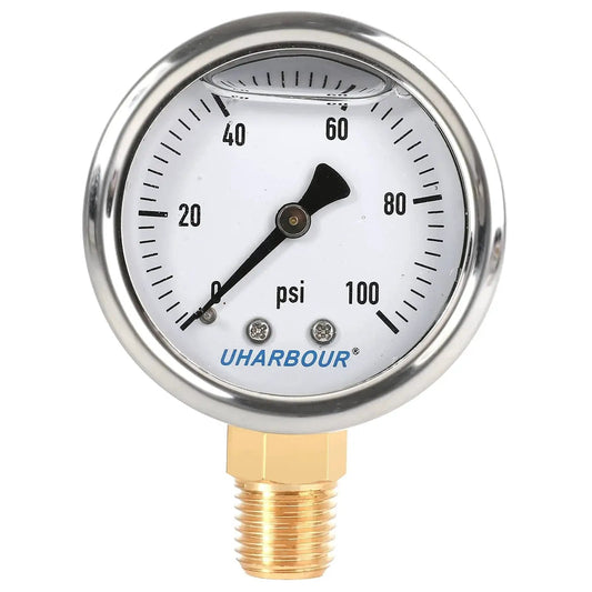 Liquid Filled Fuel Pressure Gauge With 2 Inch Dial And 304 Stainless Steel Case 0 to 100 Psi Range 2 Percent Accuracy Quarter Inch NPT