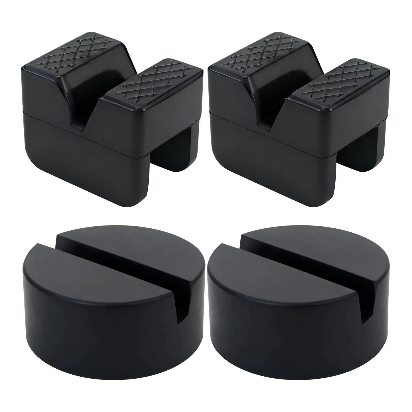 Universal Rubber Jack Stand Pads And Adapters For Pinch Weld Frame Rails 4 Pack, shown with round and square designs